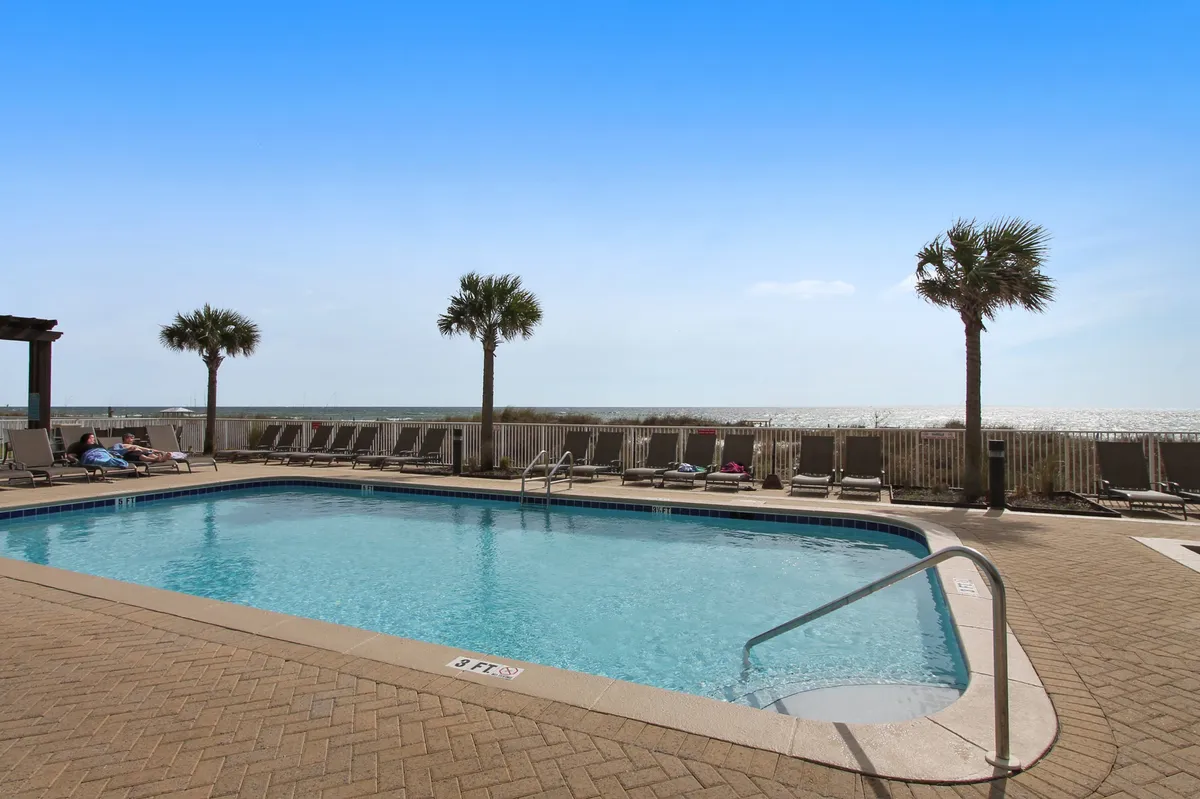 A sparkling swimming pool with lounge chairs overlooking the ocean, framed by palm trees. The poolside area is designed for both relaxation and socializing, with plenty of space for groups to unwind and take in scenic views.